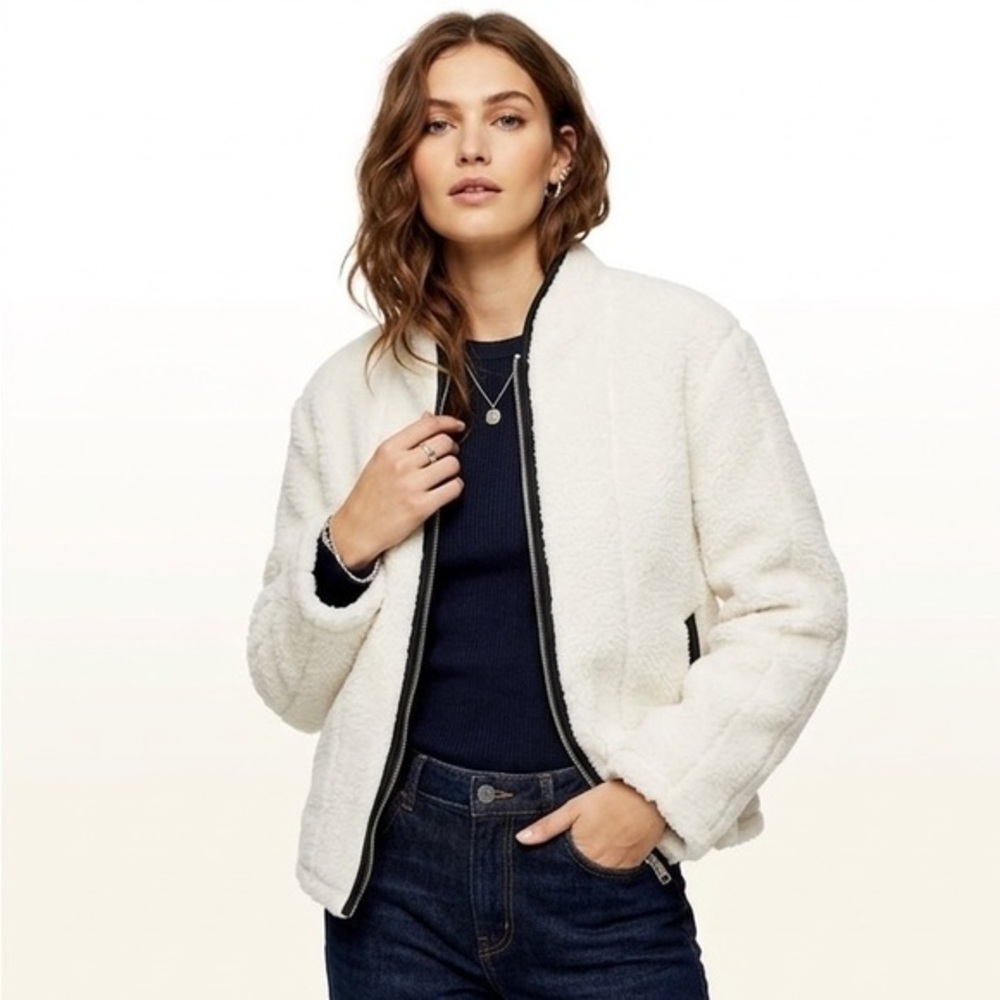 New Creme Sherpa Jacket With Black Trim Zip Up